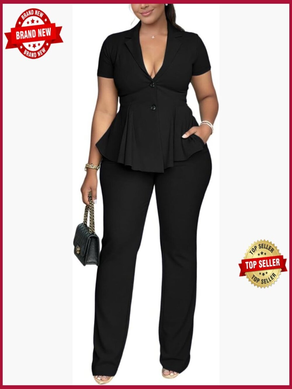 2 Piece Blazer Set with Pockets Short Sleeve Pantsuit Business Casual